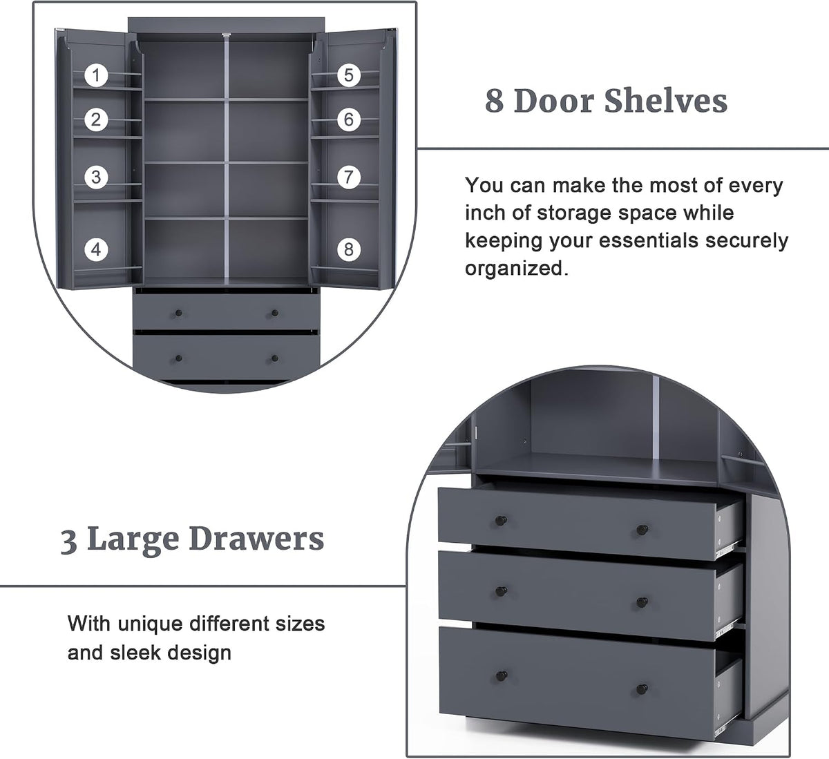 Kitchen Pantry Cabinet with Adjustable Shelves, 77 in | MDF, 4 doors, 8 door shelves, 3 adjustable shelves, slide-out compartments, kitchen pantry, 35 W x 17.7 D x 77 H in