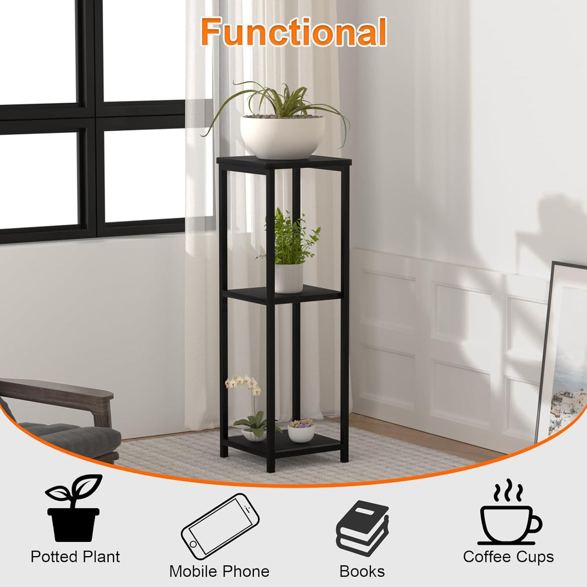 10" Wide Square Drink Table with Adjustable Feet - 3-Tier Small Side Table for Apartments, Balcony & Office | Space-Saving, Lightweight & Multi-Functional (Plants, Books, Drinks,Black)