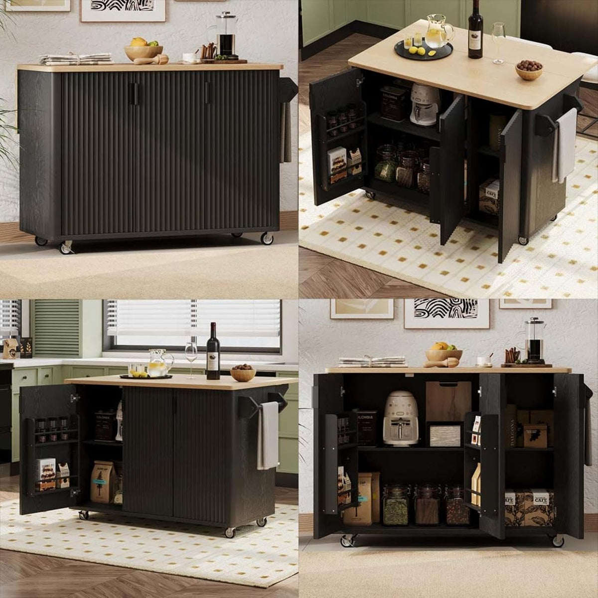 Kitchen Island with Drop Leaf with Drop Leaf Height-Adjustable Shelves, Kitchen Table with Storage with Wheels Towel Rack， for Kitchen, Dining Room, Black