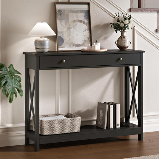 Treocho Black Console Table with Drawer and Storage Shelves, Foyer Sofa Table Narrow for Entryway, Living Room, Hallway | Entryway, Living Room, Hallway, Antique, Black