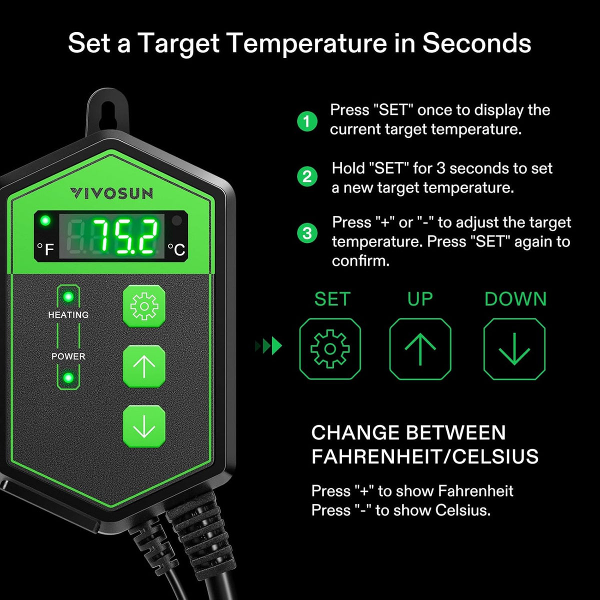 VIVOSUN Digital Heat Mat Thermostat Controller, 40–108 ºF 1000W for Reptiles, Seedlings, Germination, Incubation and Fermentation