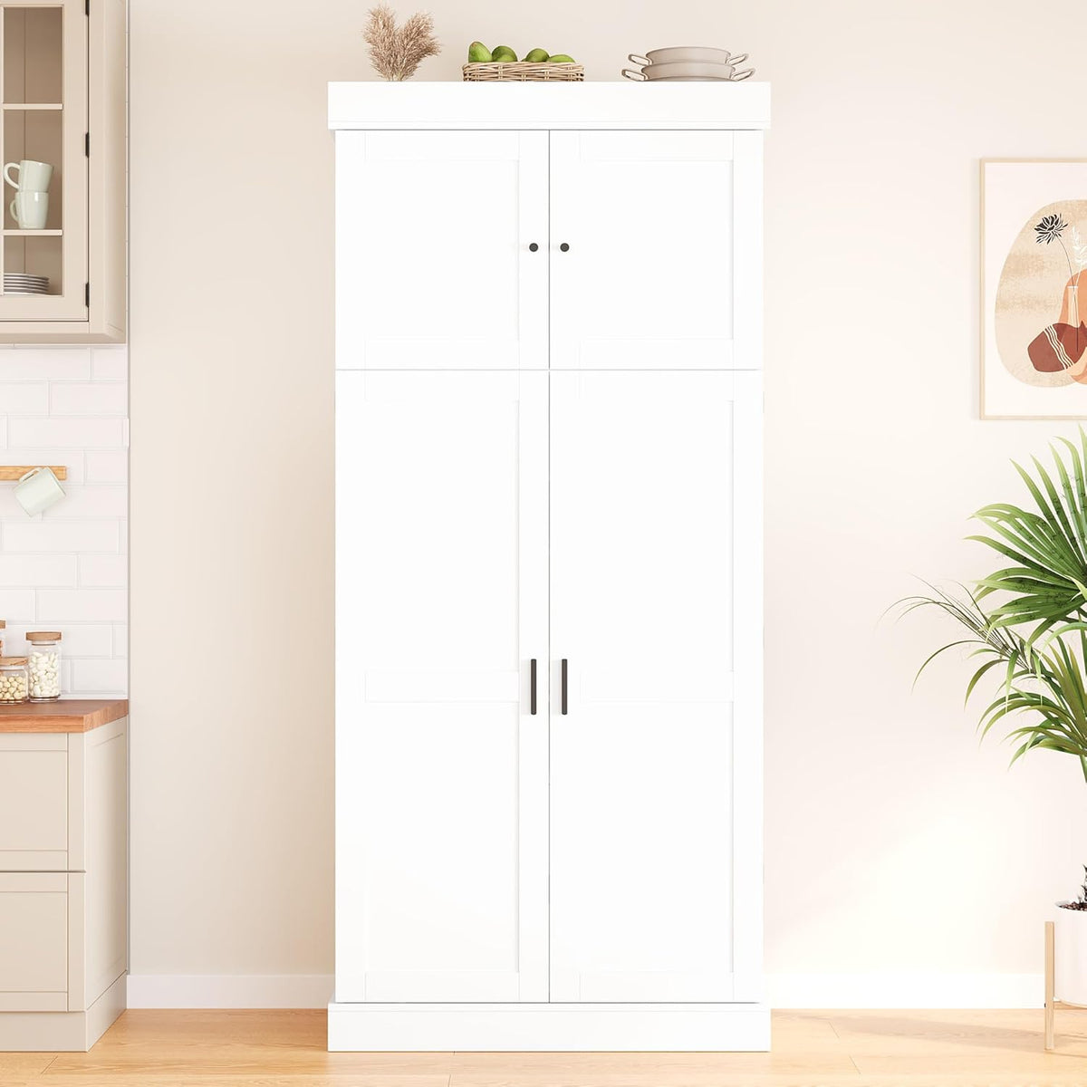 77'' Tall Freestanding Kitchen Pantry Cabinet, 35"L x 17.7"W Modern Shaker Style Cupboard with Adjustable Shelves, Wine Racks, Power Outlet & USB Ports, Anti-Tip Design, Easy Assembly (White)