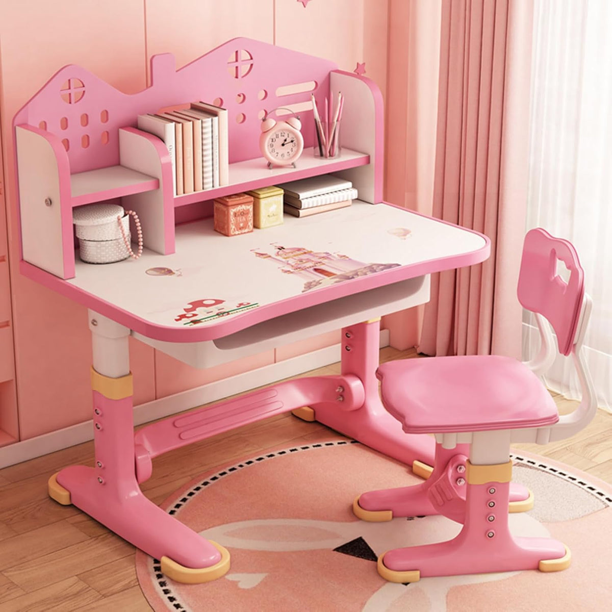 Kids Desk and Chair Set, Height Adjustable Kids Desk with Storage Drawers and Bookshelf, Ergonomic Table for Kid (Pink)
