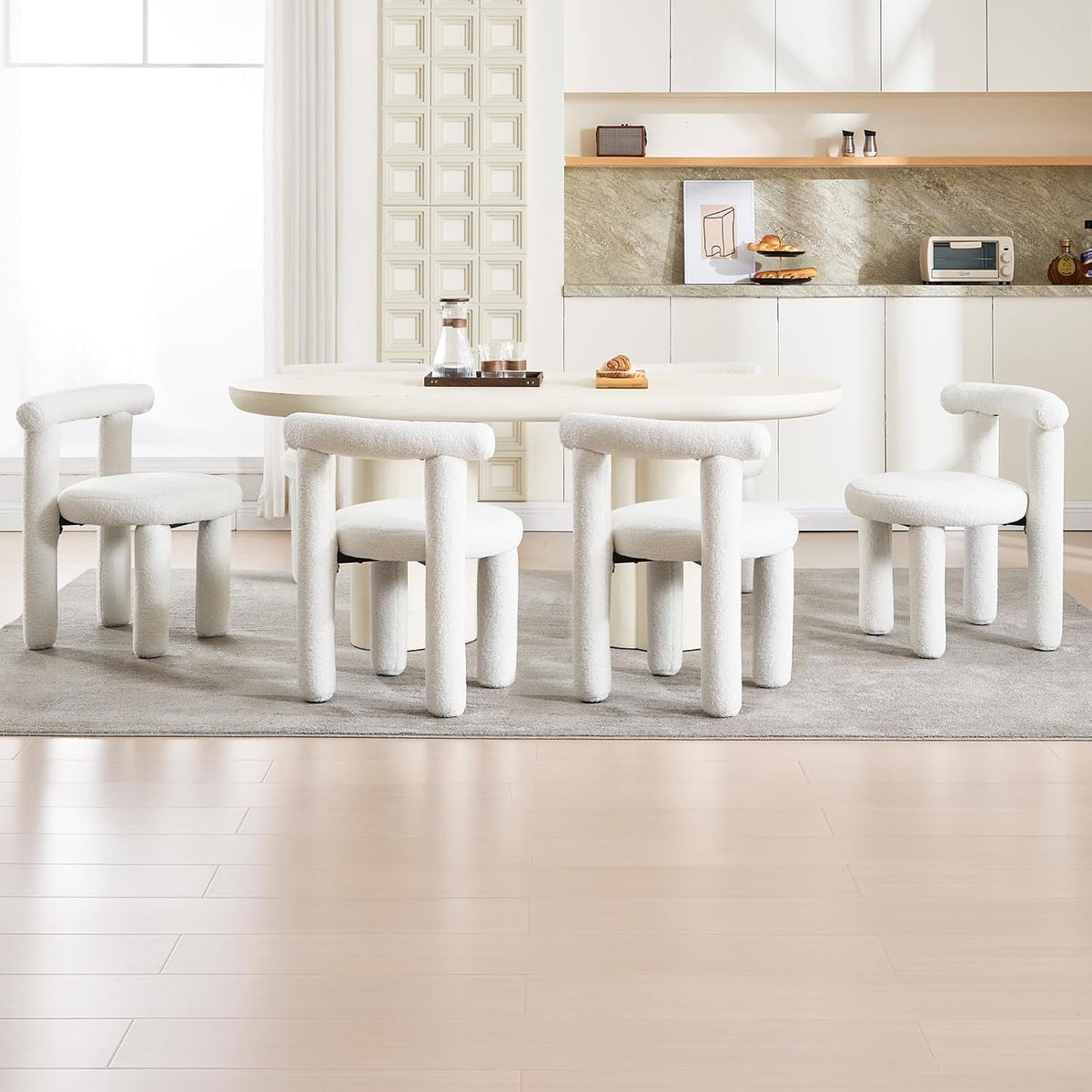 Sherpa Dining Chairs Set of 2, Comfy Boucle Fabric Dining Chairs, Upholstered Modern Kitchen Chairs with Backrest, Armless Accent Side Chair for Bedroom/Living Room, White