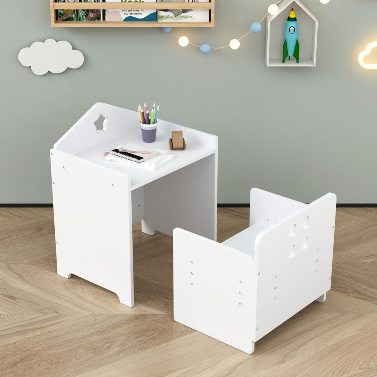 Table and Chair Set 2-Piece Play Table for Boys & Girls | Adjustable seat|Writable back|Space-saving|Study/play/bed