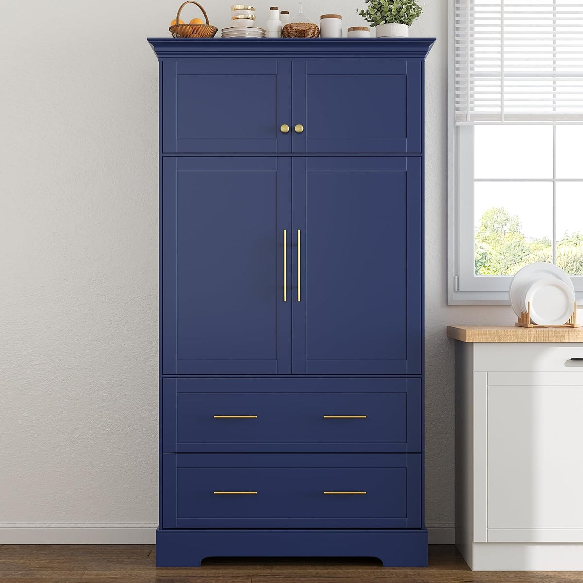 Farmhouse Freestanding Kitchen Pantry,4 Doors Dining Storage Cabinet with Pull-Out Trays, Drawers and Cake Pan Storage Organizer,for Dining Room (Blue-Q)