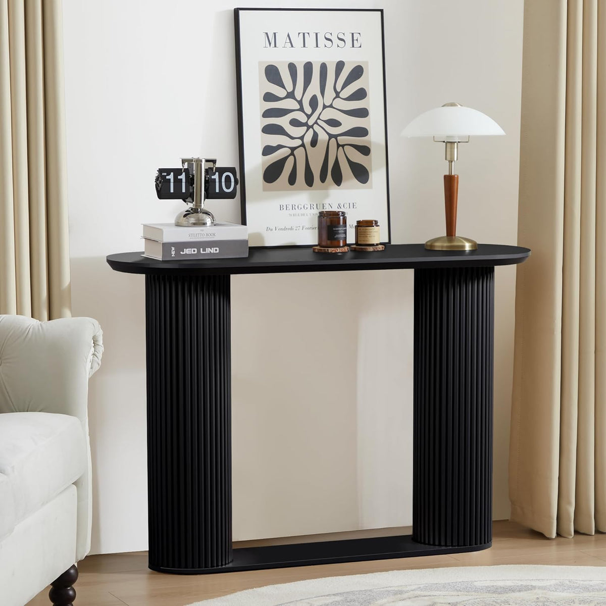 Fluted Console Table, Farmhouse Entryway Table with Storage and Fluted Wood Legs, Narrow Sofa Table Small Long Entry Table for Entrance, Hallway, Living Room (Black)