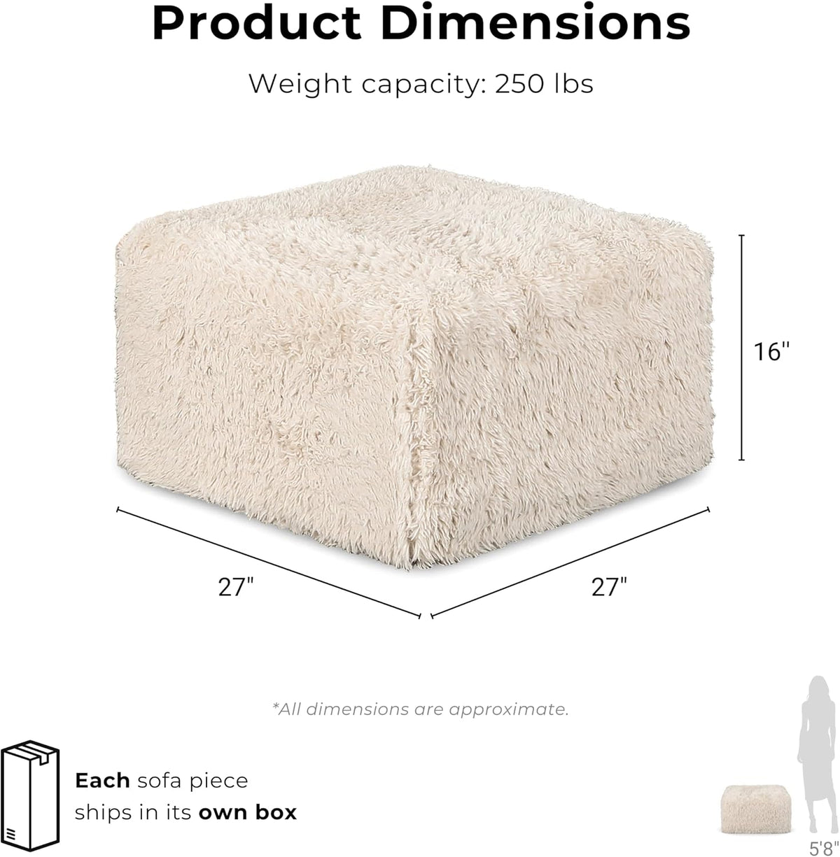 Furniture of America Havyn Modern Faux Fur 1-Seater Square Modular Foam Ottoman, Compressed Couch in a Box, No Assembly Required, for Living Room and Office, Olive Green