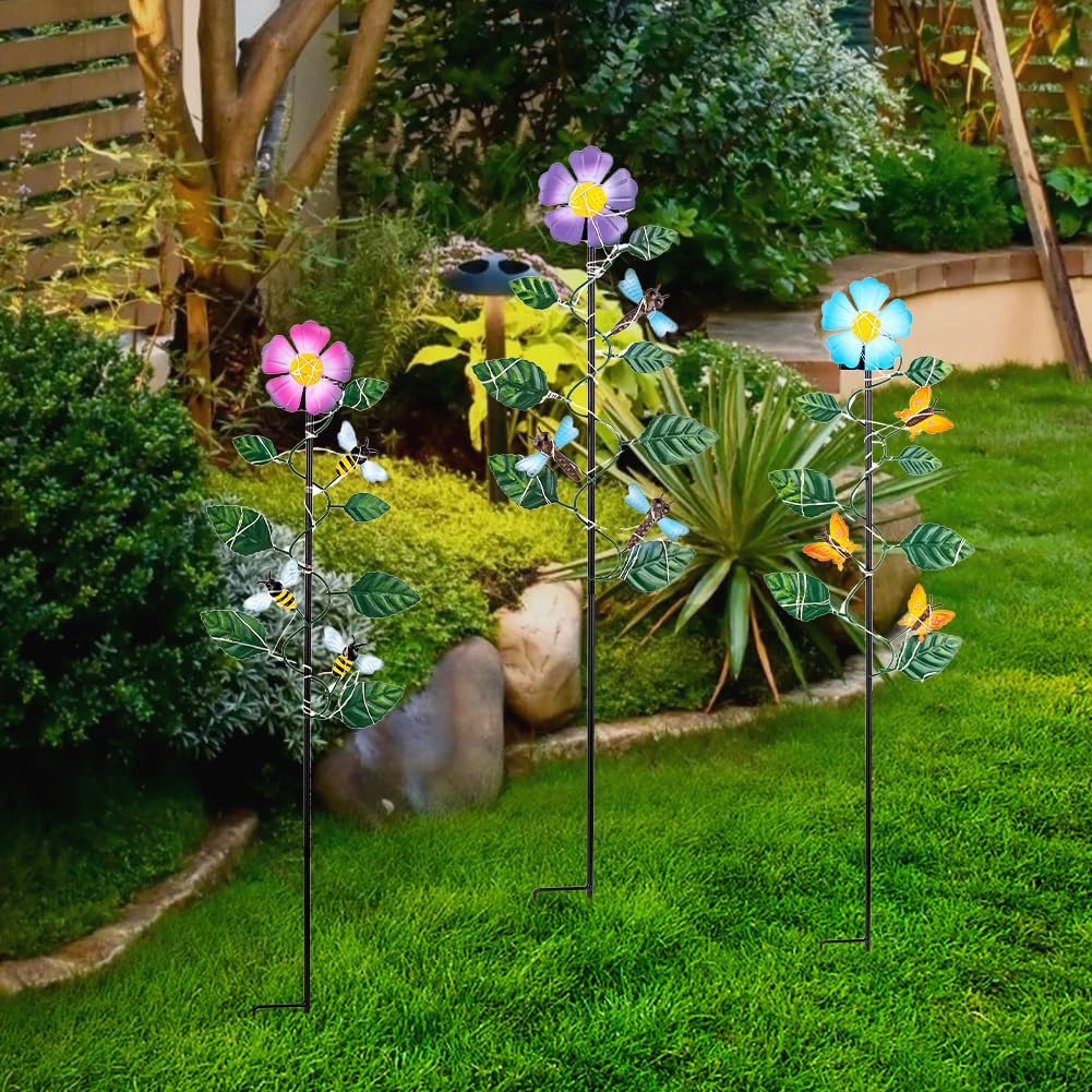 Set of 3 Solar Garden Lights,23'' H Flowers＆Insect Decorative Garden Stakes,Waterproof Metal Spring Yard Art Decor,Solar Stake Lights for Outside,Lawn,Yard,Patio