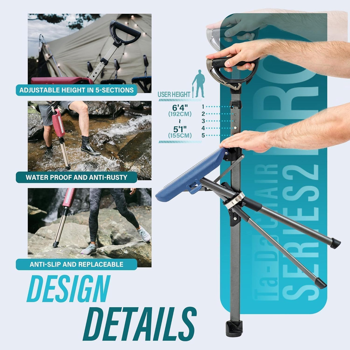 STEP2GOLD Ta-Da Chair Series 2 PRO, Portable Trekking Hiking Pole, Folding Walking Stick with Seat, Walking Cane with Chair, Foldable Chair, Lightweight Aluminum, Easy Carry and Storage, Anti-Slip