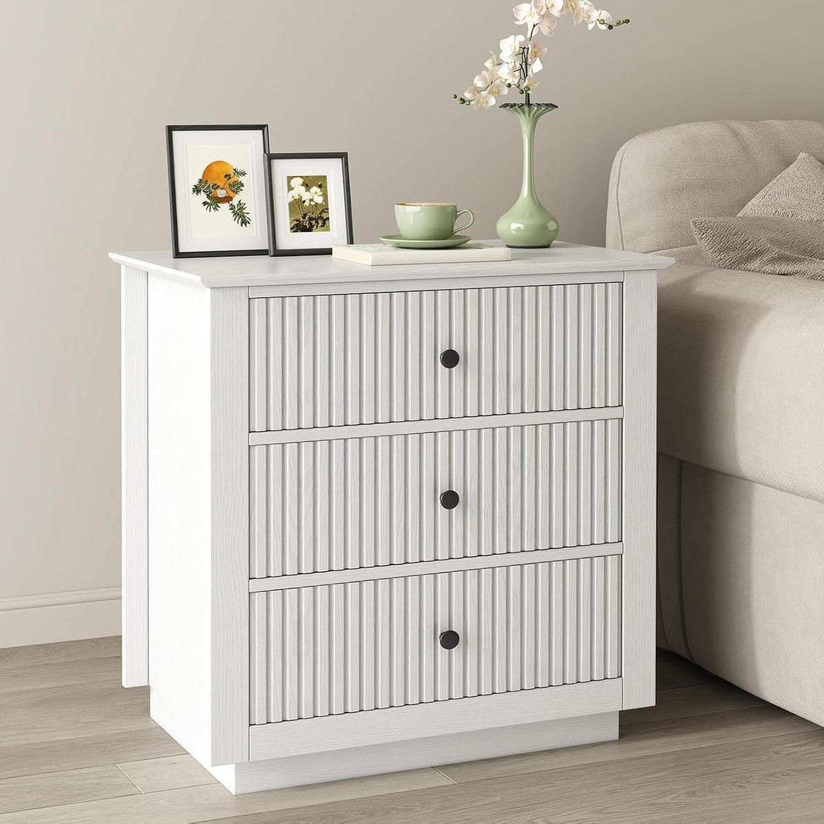 24" Wide Nightstand with Charging Station, Modern Fluted Bedroom Nightstand with Drawers, Wood Night Stand with Storage and Outlet, Large Bedside Table for Bedroom, White
