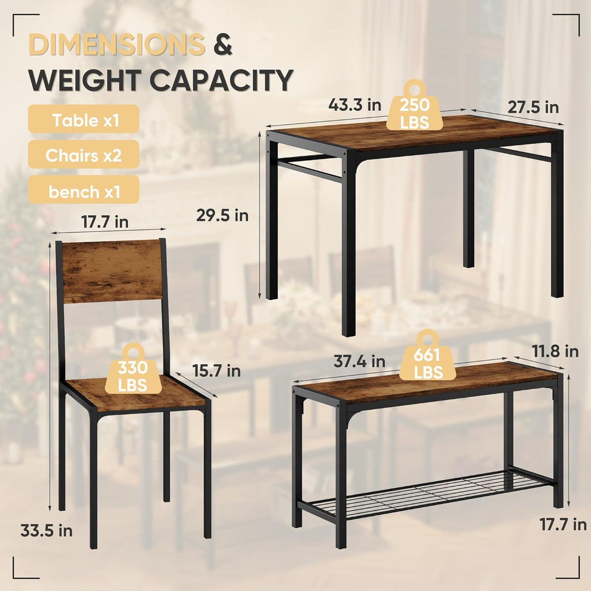 Shahoo Kitchen Table and 2 Chairs for 4 with Bench, 4 Piece Dining Sets for Small Space,Deep Brown