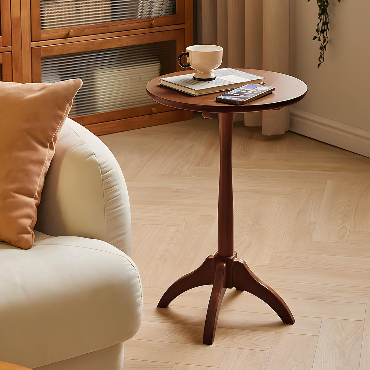 Small Round Side Table, Solid Wood End Table with Adjustable Height, Portable Accent Coffee Table, Nightstand,15.75" Dia.x 23.62" H,(Walnut)