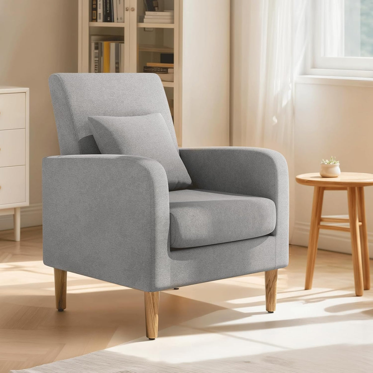 Magshion Mid-Century Accent Chair for Living Room, Comfy Reading Chair for Bedroom, Upholstered Linen Fabric Armchair Single Sofa with Back Pillow & Wood Legs, 300 lbs Capacity, Gray