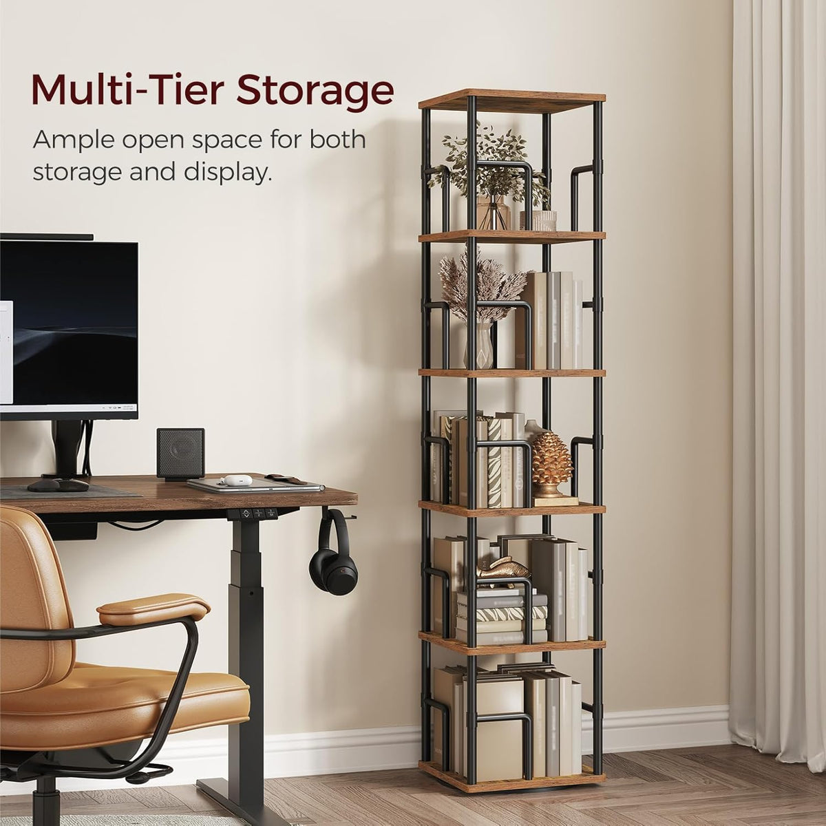 MAHANCRIS 5-Tier Rotating Bookshelf, Freestanding Corner Bookshelf, 360° Spinning Bookcase, Industrial Style Storage Rack with Rails, for Living Room, Bedroom, Study, Rustic Brown and Black BKHR1601