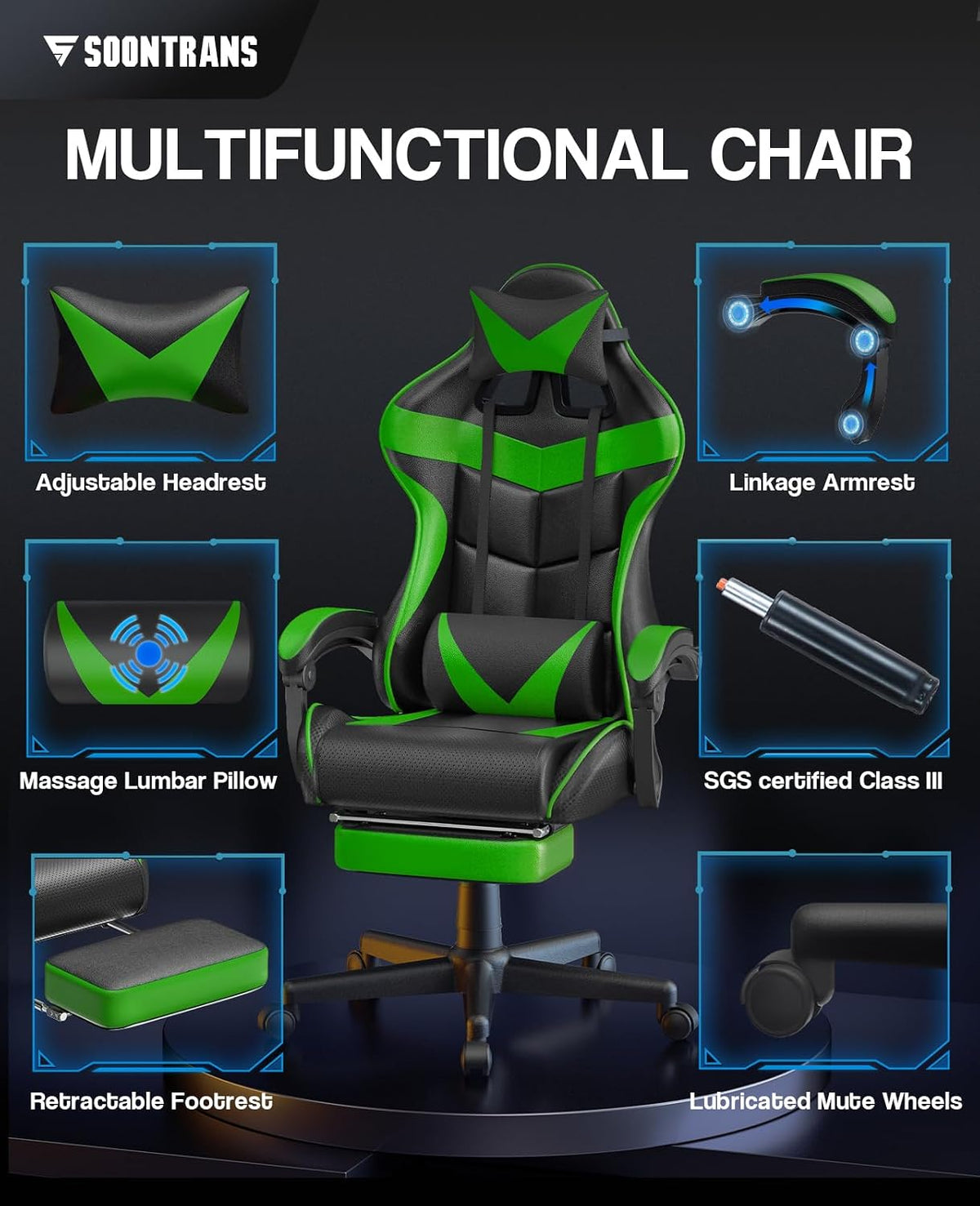 Soontrans Green Gaming Chair with Footrest,Racing Gaming Chair,Computer Gamer Chair,Ergonomic Game Chair with Adjustable Headrest and Lumbar Support(Jungle Green)