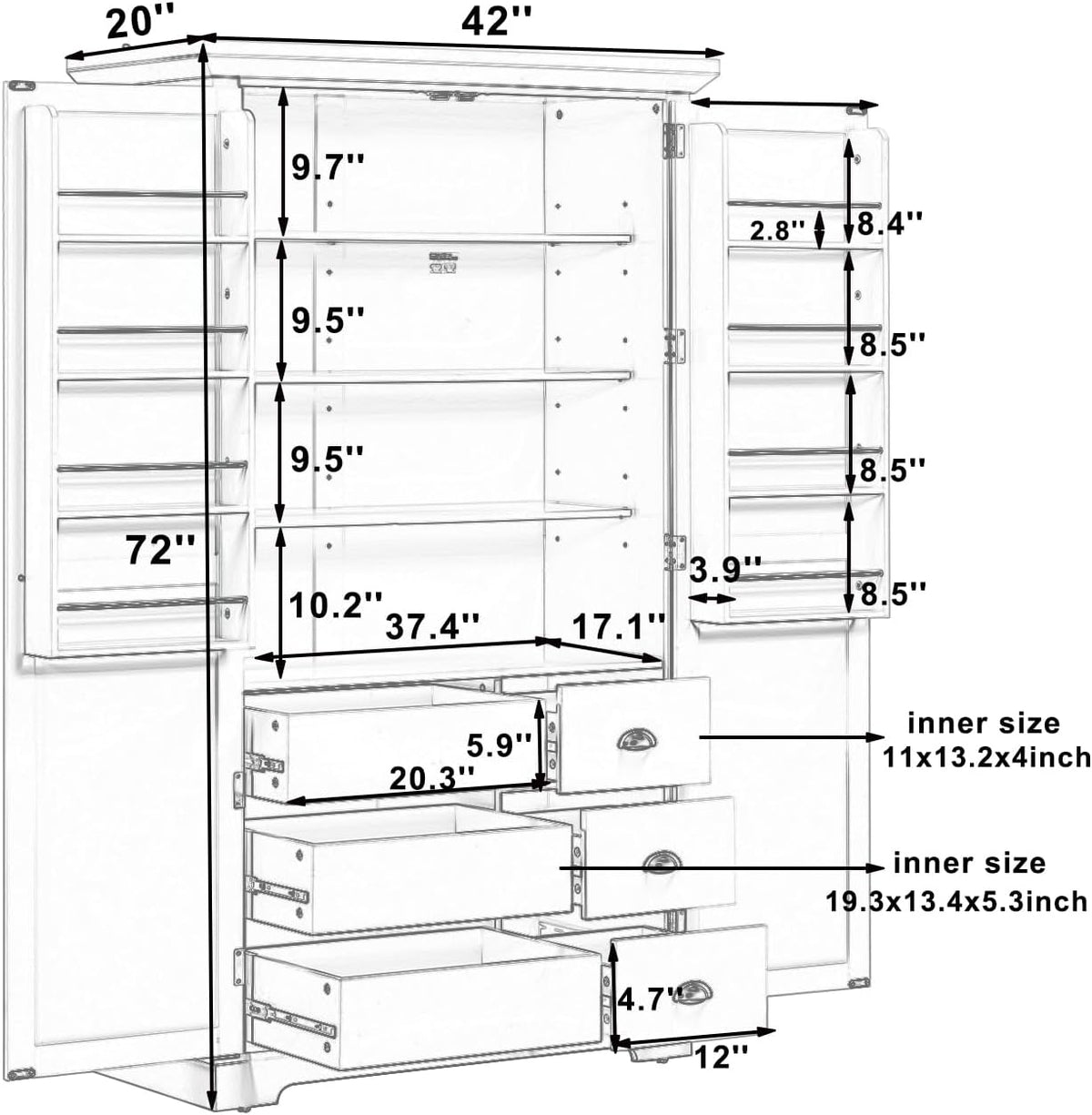 Merax 72" Tall Shaker Style Kitchen Pantry with 3 Drawers, Adjustable Shelves, Wood Cupboard Dining Storage Cabinet with Door Shelves and Pull-Out Trays for Living Room, Kitchen, Dining Room White