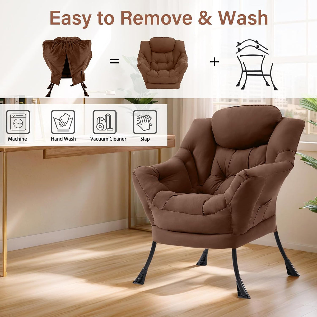Furlide Lazy Chair for Living Room, Modern Accent Chairs with Armrests, Dark Brown Armchairs with Side Pocket, Cozy Lazy Sofa for Reading, Balcony, Bedroom, Dorm, Small Spaces