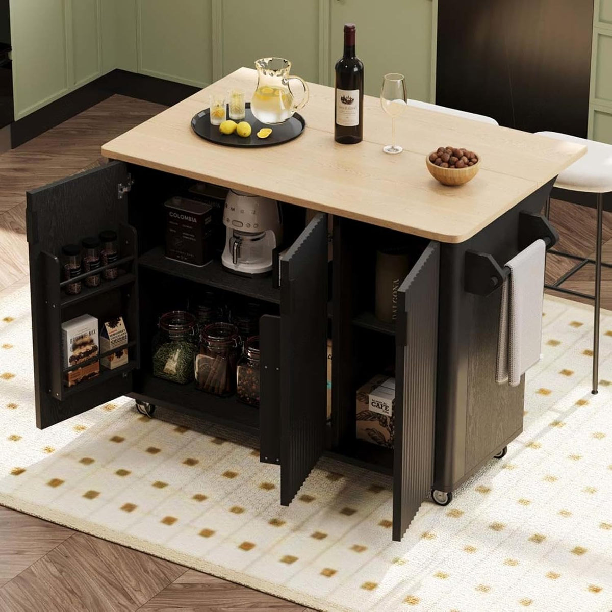 Movable Kitchen Island with Drop Leaf Countertop Height-Adjustable Shelves, Kitchen Island with Drop Leaf with Wheels Towel Rack， for Kitchen, Dining Room, Black