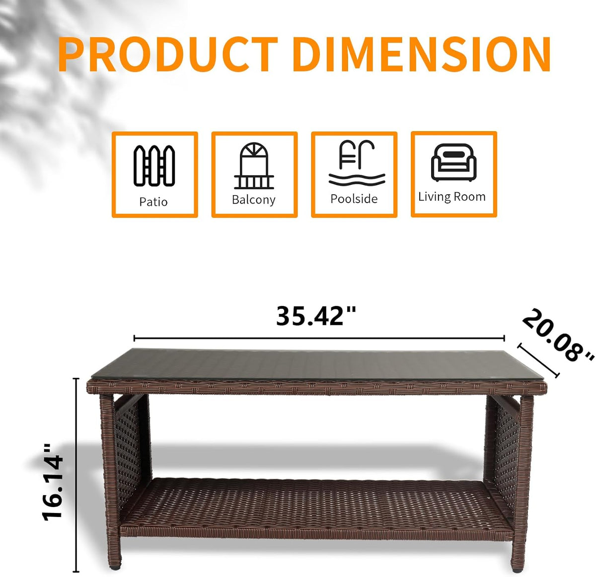 VINGLI Outdoor Wicker CoffeeTable Patio Coffee Tables for Outside, Tempered Glass Top Wicker Table with Storage Coffee Table for Patio Balcony Porch Deck (Brown)