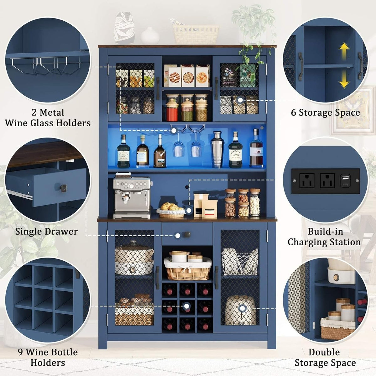 70.9" Kitchen Pantry Cabinet with LED Lights, Rustic Farmhouse Buffet Hutch with Wine Rack, Storage Cabinet with USB Charging Station, Coffee Bar Cabinet for Dining Room