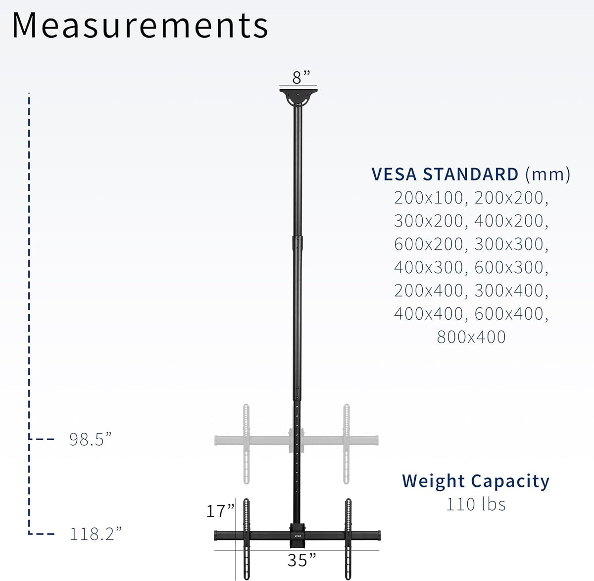 VIVO Black TV Ceiling Mount for 37 to 90 inch Screens, MOUNT-VC90-10 | Full Swivel, Telescoping Height Adjustment, 10ft Extension Pole, Fits Pitched/Vaulted Roof, Max VESA 800x400mm, Holds 110 lbs