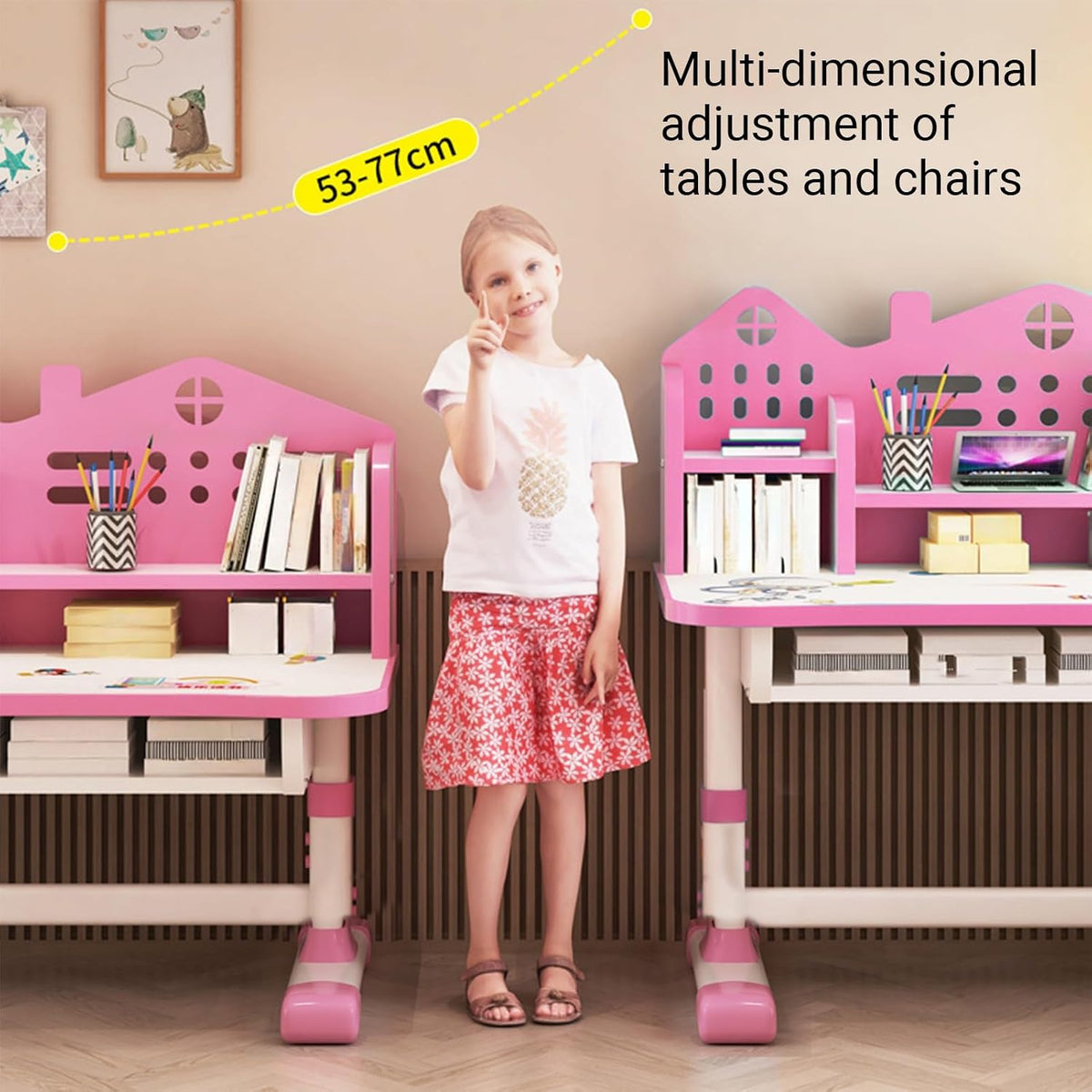 Kids Desk and Chair Set, Height Adjustable Study Table for Home and School | Study Writing Desk With Widened Desktop, Bookstand, Storage Drawer and Ergonomic Chair for Boys and Girls. Pink