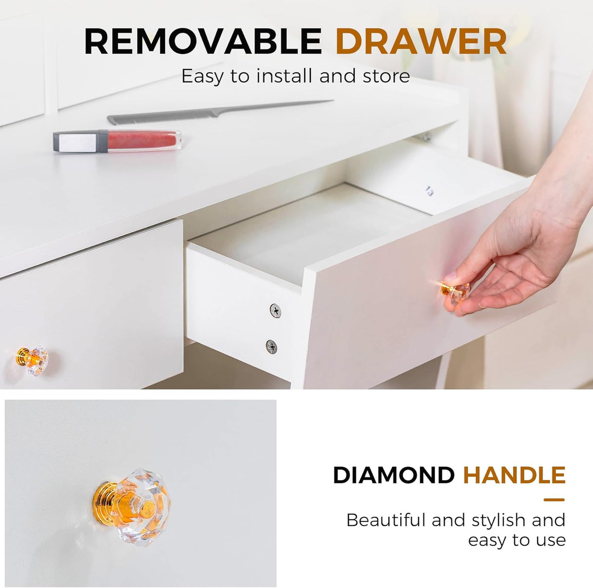 COMHOMA Makeup Vanity Desk with Mirror and Lights, Vanity Table and Chair Set with 5 Drawers & Charging Station, Modern Dressing Table for Girls, Stepless Dimmable & 3 Color Adjustable, Pearl White