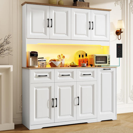 72" Tall 60" Wide Extra Large Pantry Storage Cabinet w/Power Outlet,LED Light,Farmhouse Kitchen Hutch Food Pantry Cabinet,3 Drawer,6 Doors Shelves,Storage Cart 3 Tier,for Kitchens,Dining Room,White
