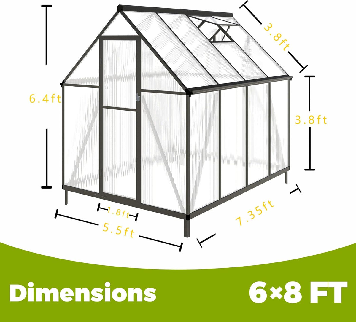 6 x 8 FT Greenhouse for Outdoors,Aluminum Large Walk-in Greenhouse,Dark Gray