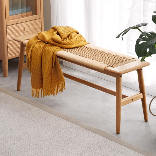 100% Solid Oak Farmhouse Entryway Bench, Wooden Bench Indoor with Hand Woven Rope Surface Design, Wood Bench for End of Bed with Solid Structure(Natural, 43.31" Wx11.81 Dx15.98 H)
