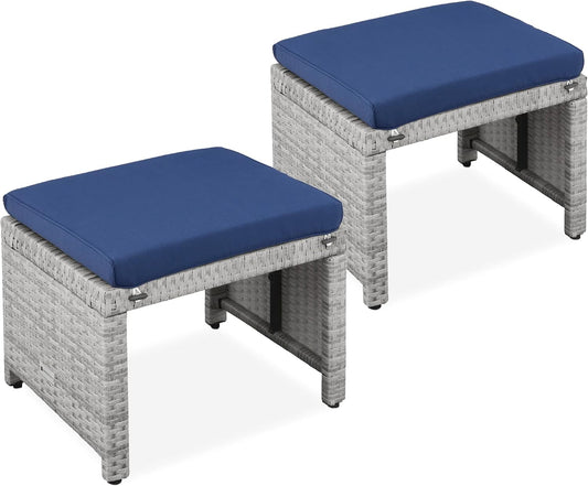 Best Choice Products Set of 2 Wicker Ottomans, Multipurpose Outdoor Furniture for Patio, Backyard, Additional Seating, Footrest, Side Table w/Removable Cushions, Steel Frame - Gray/Navy