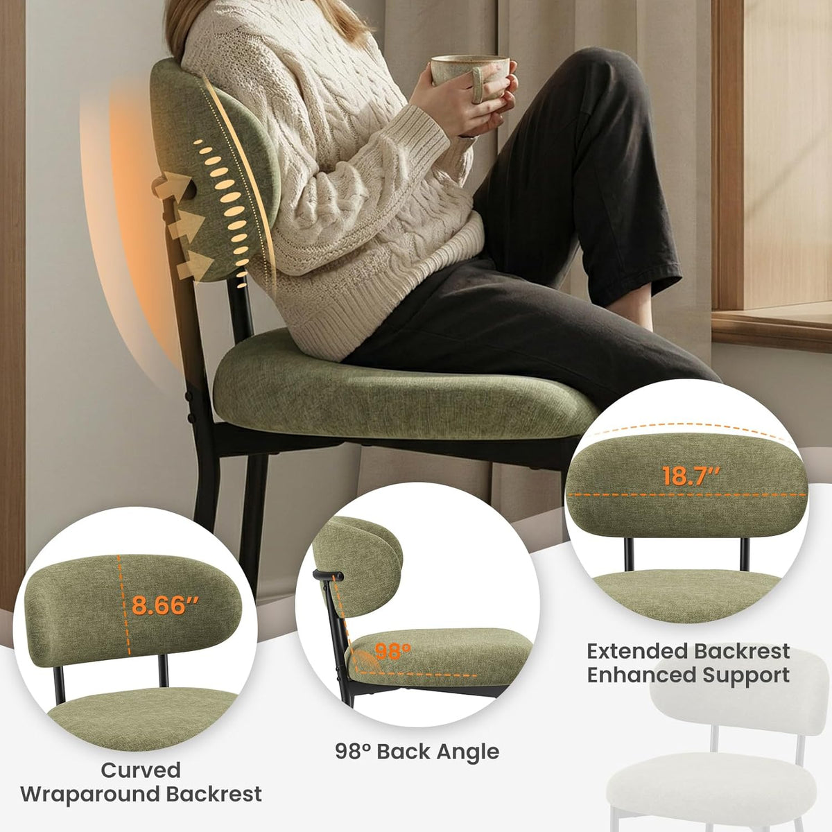 Upholstered Dining Chairs Set of 2, Modern Fabric Kitchen Chairs with Curved Backrest and Cushioned Seat, Sturdy Metal Legs, Modern Dining Chairs for Kitchen Dining Room, Living Room,Green