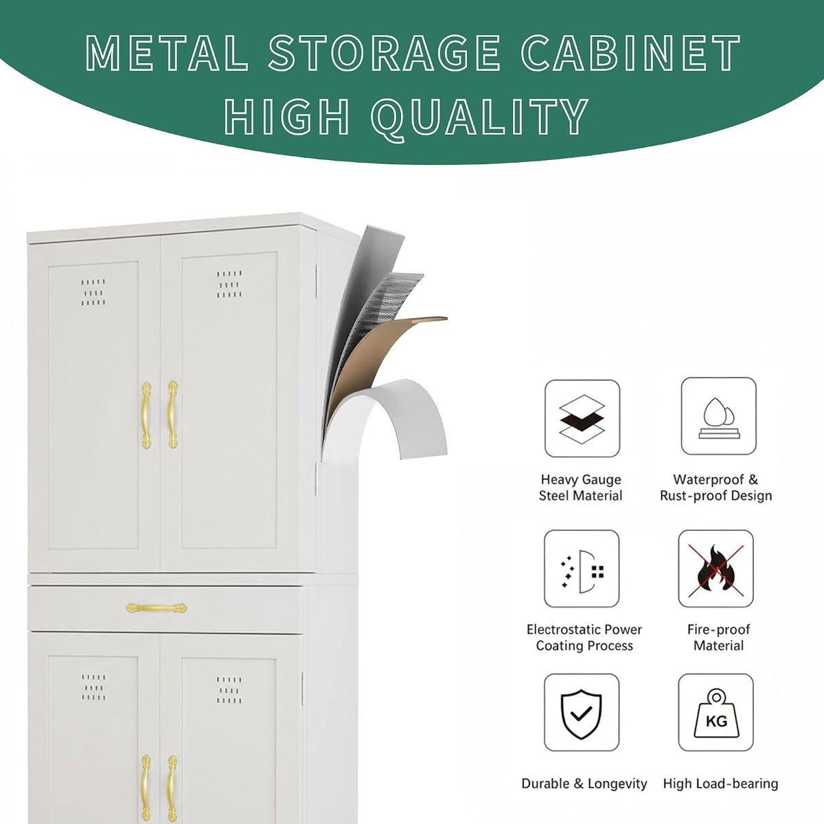 YITAHOME 71" Metal Kitchen Pantry Storage Cabinet with 4 Doors, 4 Adjustable Shelves, 1 Drawer and 8 Door Racks, Tall Freestanding Steel Cupboard for Home Kitchen Living Dining Room, White