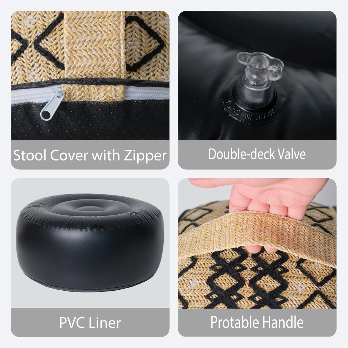 Outdoor Inflatable Ottoman with Air Pump, Embroidery Patio Footrest Stool D21”x H9”, Round Pouf Ottoman with Portable Handle Suitable for Garden, Camping, Bedroom, Living Room