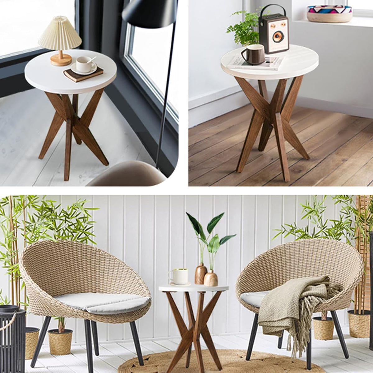 Ahokua Modern Round End Table with Smooth White Top and Crossed Walnut Legs, Minimalist Accent Table for Living Room, Balcony, or Small Spaces, Easy Assembly Bedside Table, White Walnut