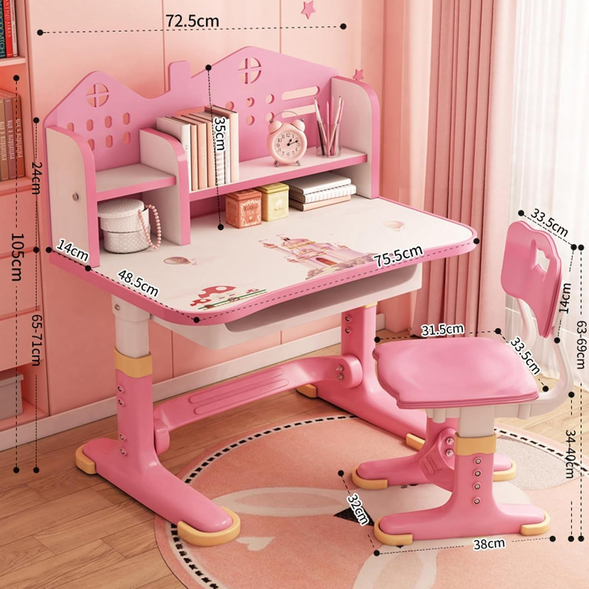 Kids Functional Desk Chair Set,Kids Desk and Chair Set, Height Adjustable Children School Study Desk with Castle Backboard, Widened Desktop, Bookstand and Storage Drawer (Pink)