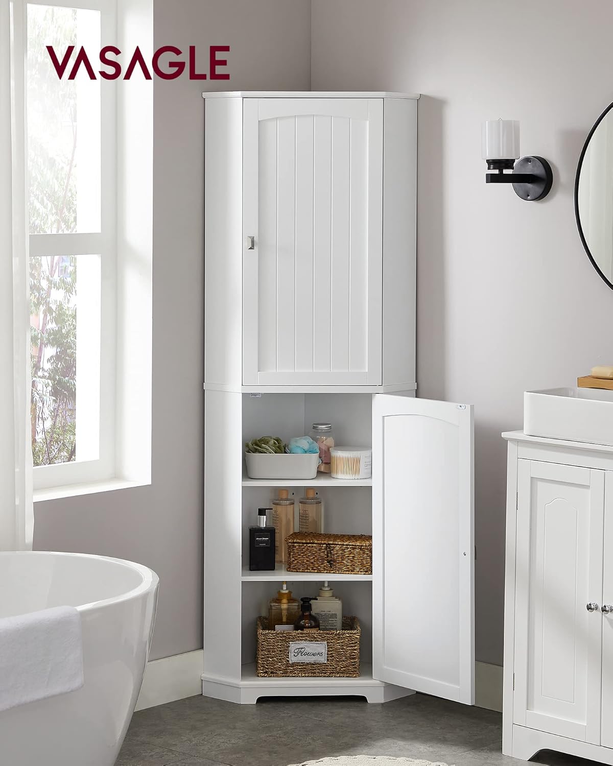 VASAGLE Corner Cabinet, Tall Corner Storage Cabinet with 2 Doors and 4 Adjustable Shelves, for Bathroom Kitchen Living Room, Modern Farmhouse Design, White UBBC541P31