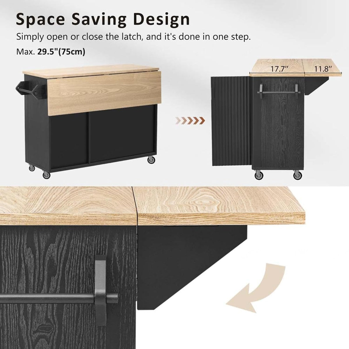 Kitchen Island with Drop Leaf with Drop Leaf Height-Adjustable Shelves, Farmhouse Kitchen Island with Wheels Towel Rack， for Kitchen, Dining Room, Black