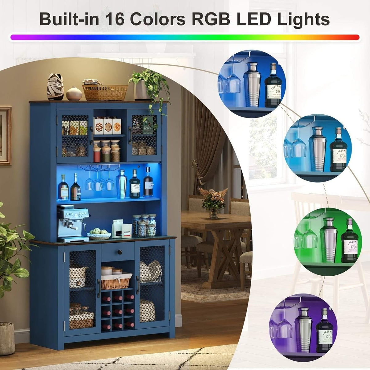 70.9" Kitchen Pantry Cabinet with LED Lights, Rustic Farmhouse Buffet Hutch with Wine Rack, Storage Cabinet with USB Charging Station, Coffee Bar Cabinet for Dining Room