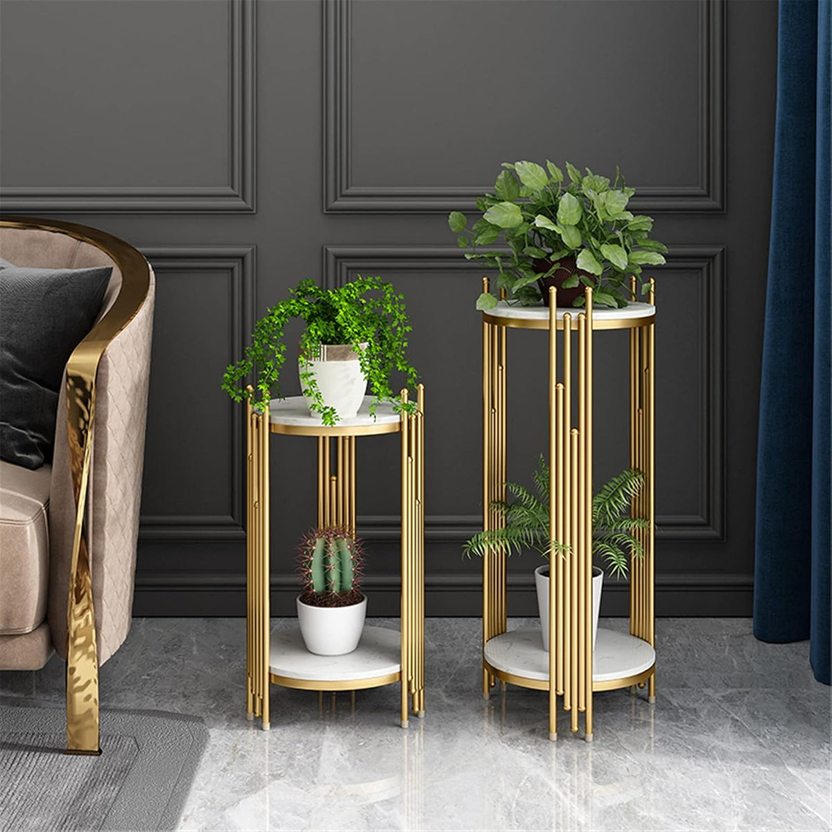 Marble Look -Tier Storage Telephone Table - Tall Slim Plant Stand, Stylish Round Side Table for Living Room, Patio Decor & Corner Bedside Table