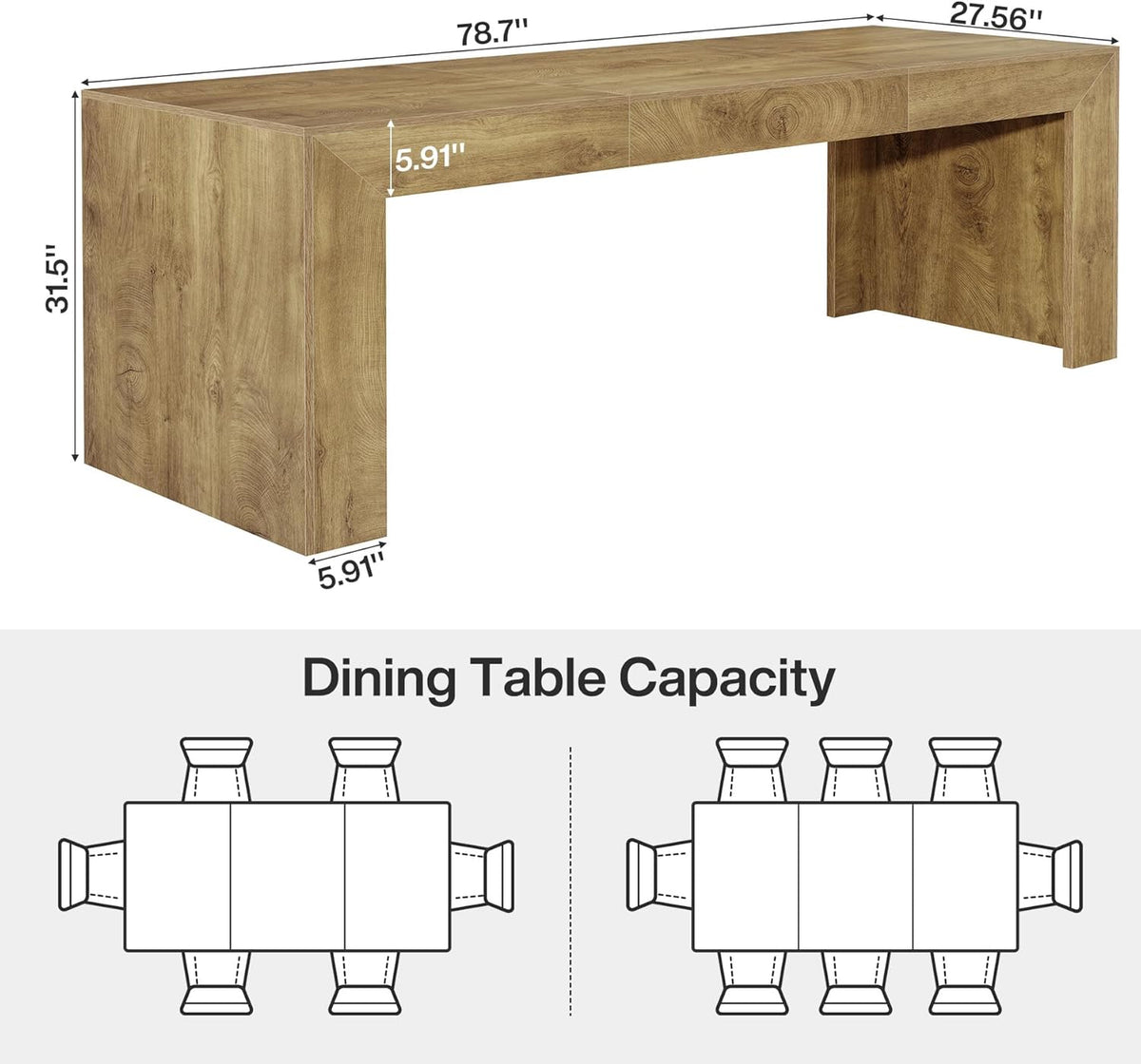 Tribesigns Extra Long Dining Table for 6-8 People, 78.7-Inch Rectangular Kitchen Table with Wooden Tabletop and Legs for Kitchen, Dining Room, Living Room, Heavy Duty, Brown