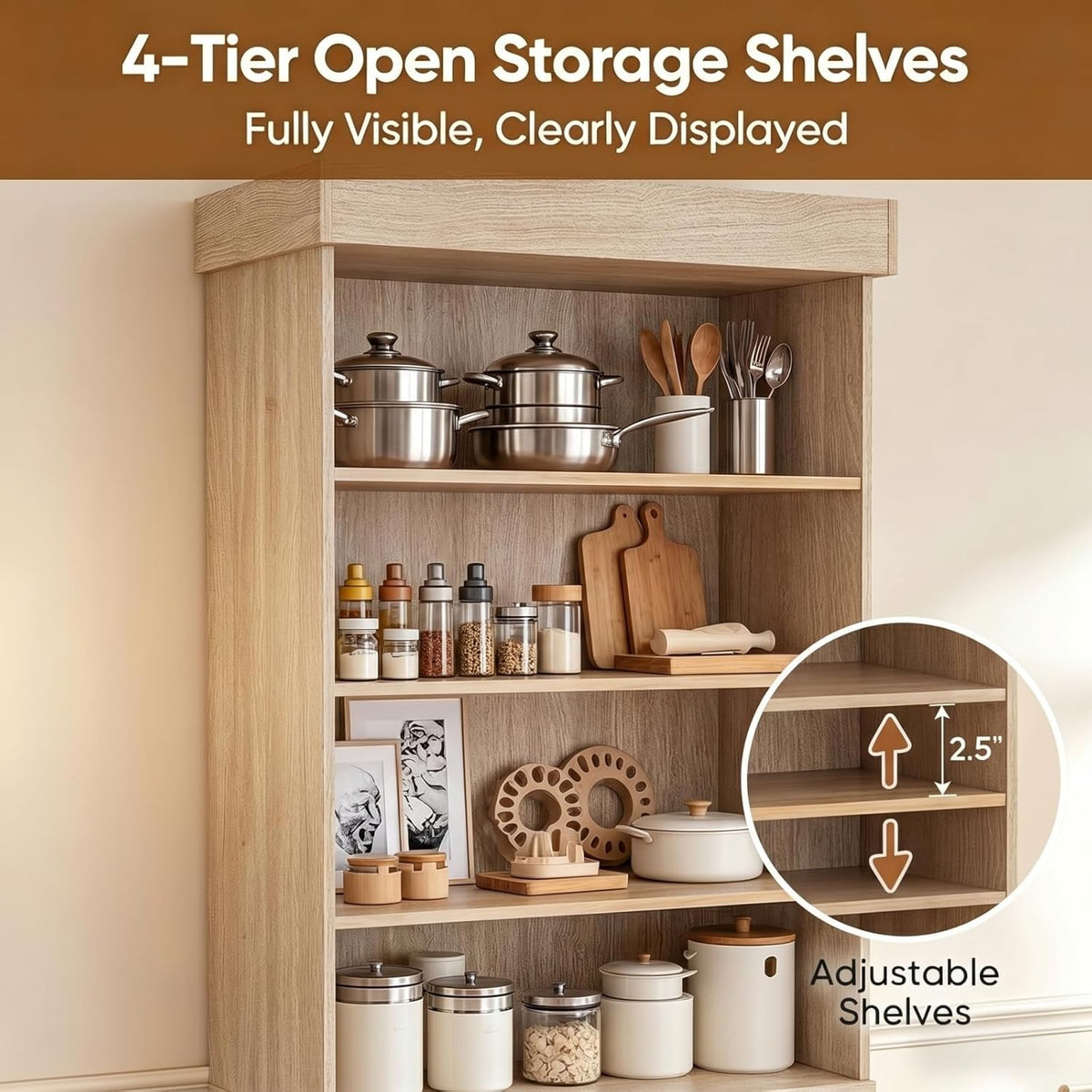 71" Tall Farmhouse Kitchen Pantry, Large Storage Cabinet with Glass Doors, Adjustable Shelves, 3 Drawer, Wood Versatile Hutch Cabinet for Dining Room, Living Room，Brown，4pcs
