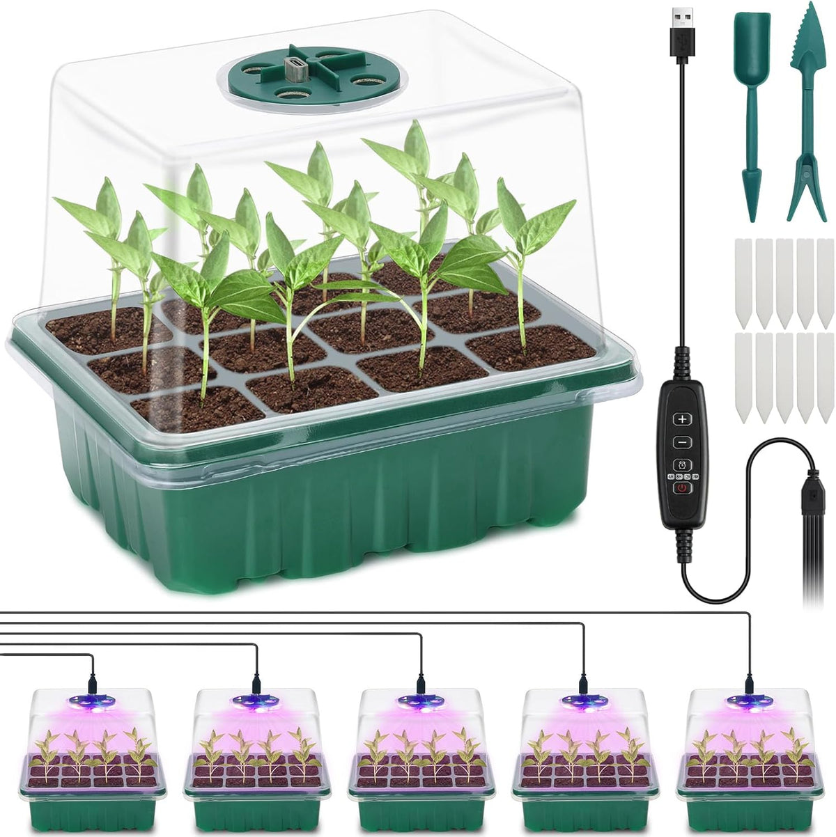 Seed Starter Tray, Plant Propagation Station with Grow Light, Seedling Starter Trays with Timing Controller, Mini Greenhouse Kit with Humidity Domes and Base, Plant Tray for Seeds Growing Starting
