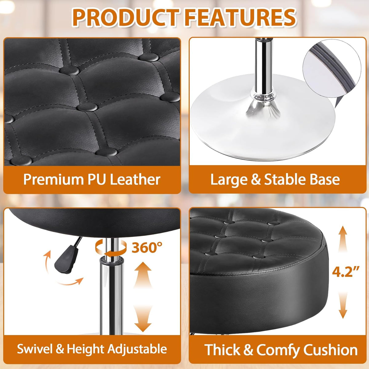 Nova Microdermabrasion Vanity Chair Stool Modern Tufted Round Ottoman Stool Swivel Makeup Chair for Bathroom Bedroom Living Room (Black)