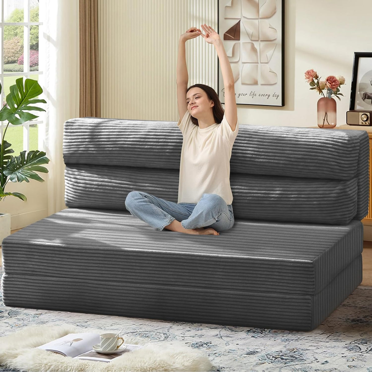 JUIKURY Folding Sofa Bed, Convertible Sleeper Chair with Pilow Foldable Matress, 2 in 1 Pull Out Loveseat Sofa Portable Fold Out Chair Bed Floor Couch Lounge for Living Room Bedroom (Grey, Queen)