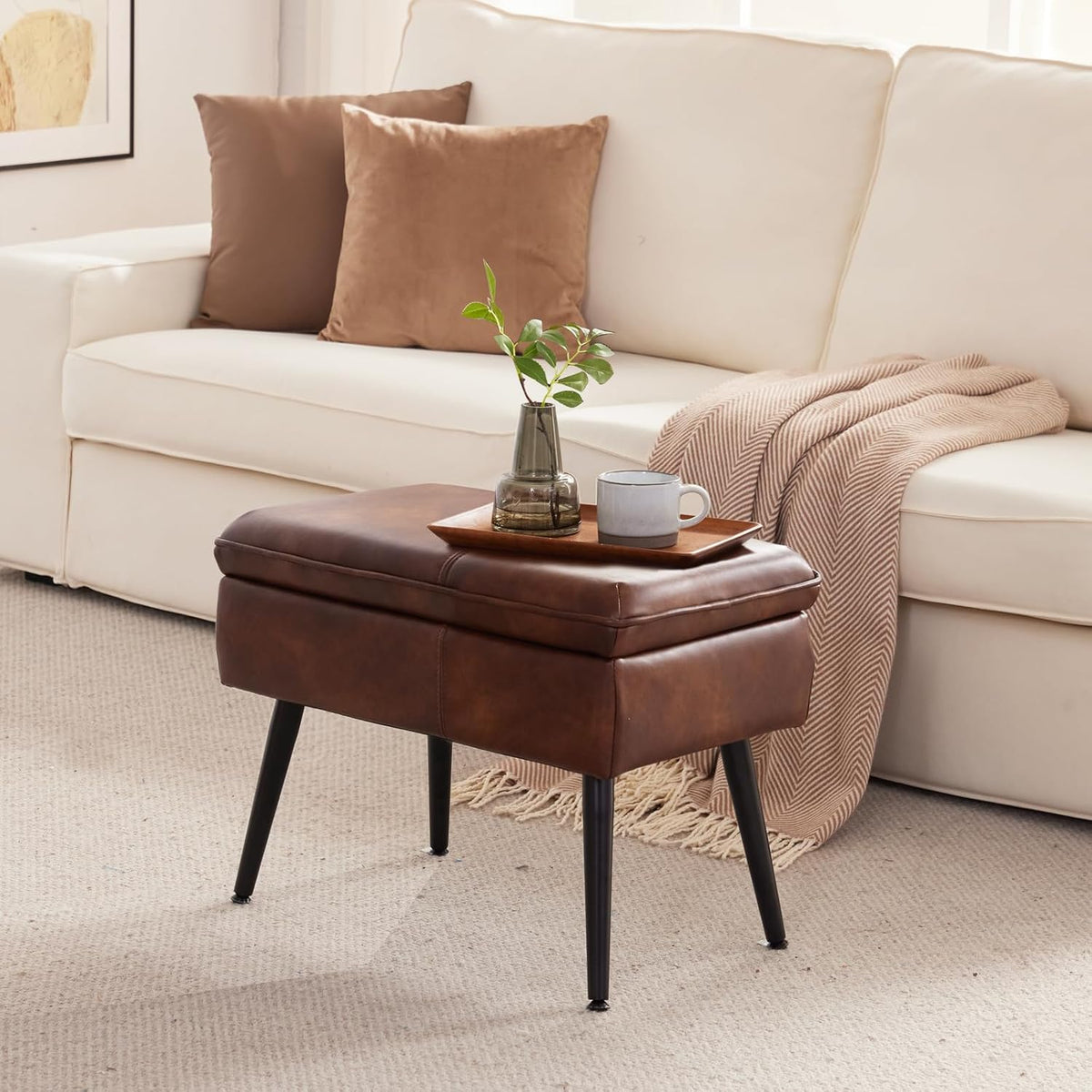 Square Storage Ottoman Upholstered Vanity Accent Stool Retro Brown | Square Mid-Century Modern Accent Dining Makeup Piano Stool with Padded Upholstered Seat & Metal Legs for Living Room Bathroom