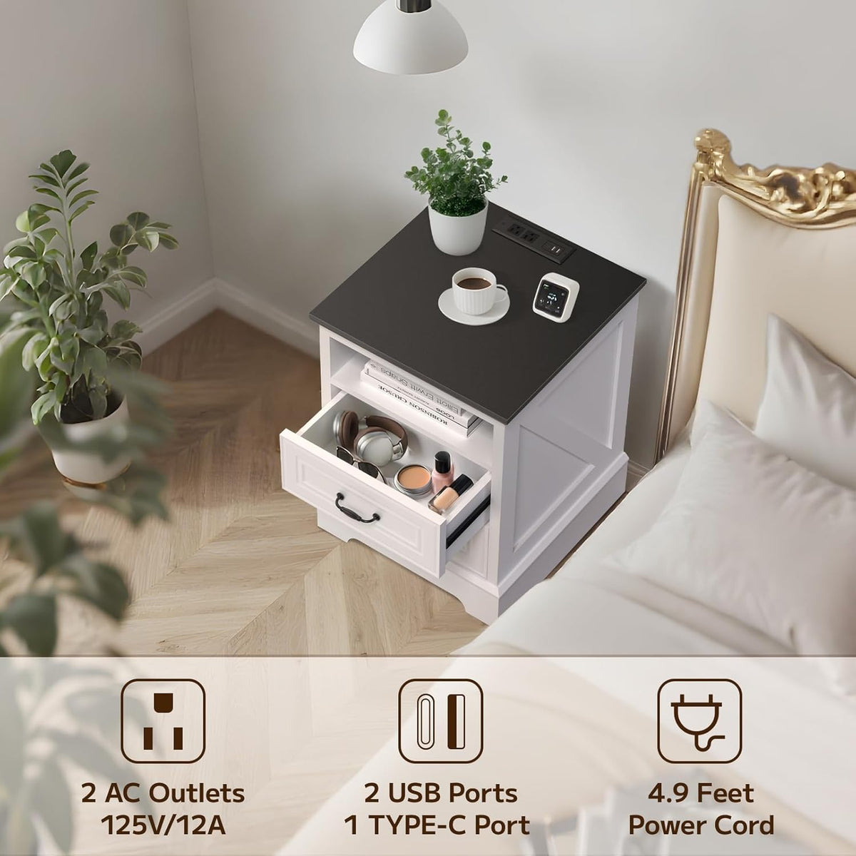 Eondon 18" Farmhouse Nightstand with Charging Station, 2 Drawers Bedside Table with Open Shelf, End Table with Storage Wood Rustic Bedside Cabinet Side Table for Living Room and Bedroom, White