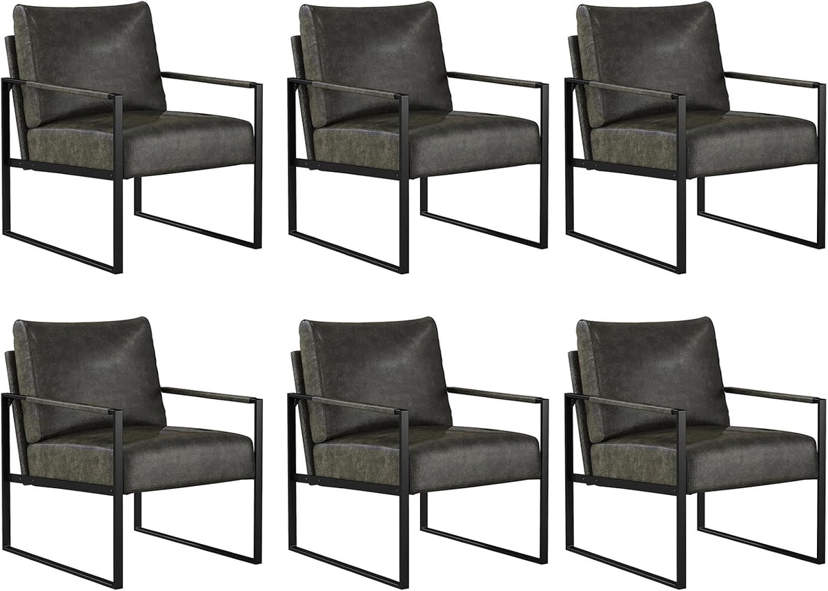 CANMOV Modern Accent Chair Set of 6, PU Leather Armchair with Metal Frame,Comfy Single Reading Chair with Soft Padded Backrest and Cushion for Living Room, Bedroom,Reading Room,Office,Dark Grey