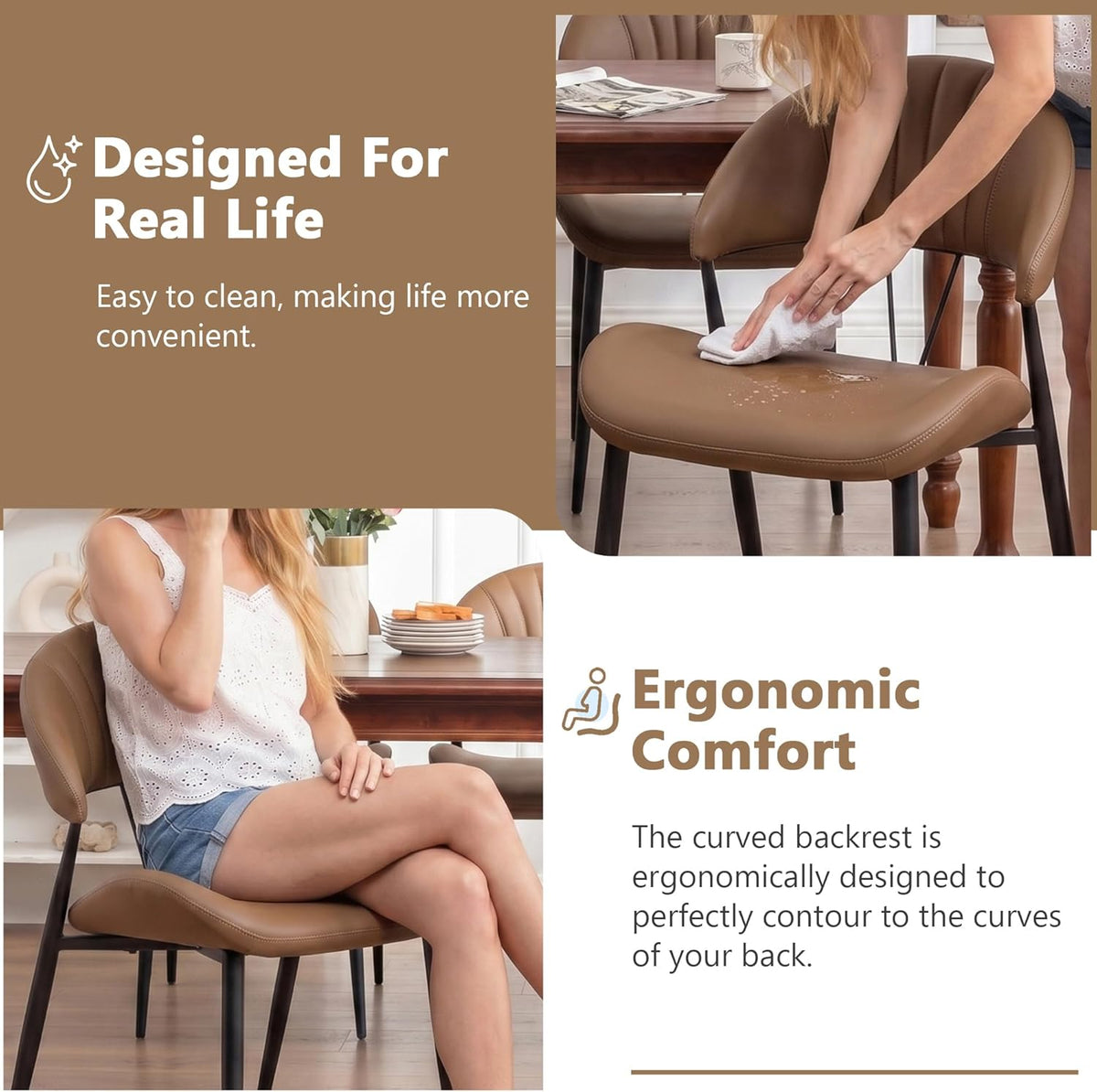 PU Leather Dining Chairs Set of 6, Mid Century Modern Dining Chairs with Stitching, Upholstered Kitchen & Dining Room Chairs with Curved Back and Black Metal Legs (Brown)